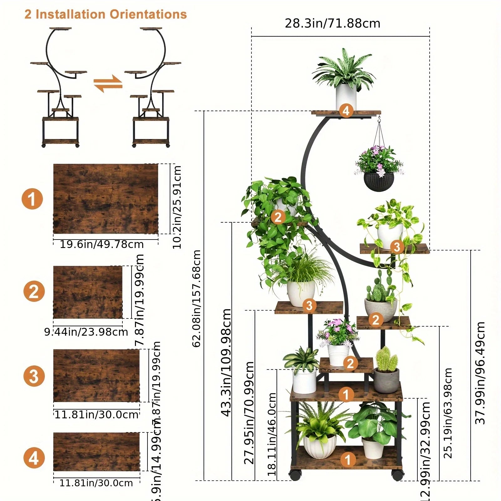Suporte de plantas em metal em forma de S de 8 camadas